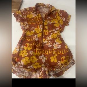 Urban Outfitters Brown Yellow Aloha Floral Romper Plunge Zip Up Womens Sz